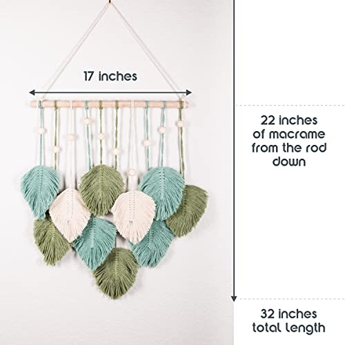 SnugLife Macrame Wall Hanging Leaves - Large Chic Feather Boho Decor, Handmade Yarn Woven Art Leaf Tapestry for Nursery, Bedroom, Living Room, 17 X 22 Inch (Green, Sage Green & Beige) - Image 6