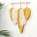 Handmade Macrame Wall Hanging Feather Boho Wall Decor Yellow Chic Woven Leaf Tassels Decoration Cotton Ornaments Tapestry Room Decor For Bedroom Living Room Apartment Porch Gifts for Teen Girl Women - Image 4