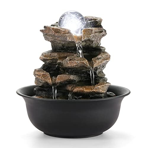 WICHEMI Indoor Fountains Tabletop Fountain Waterfall Fountain Indoor Water Feature Stacked Rocks Feng Shui Zen Meditation Relaxation Desktop Fountain with LED Light for Home and Office Decor(Style 5) - Image 1