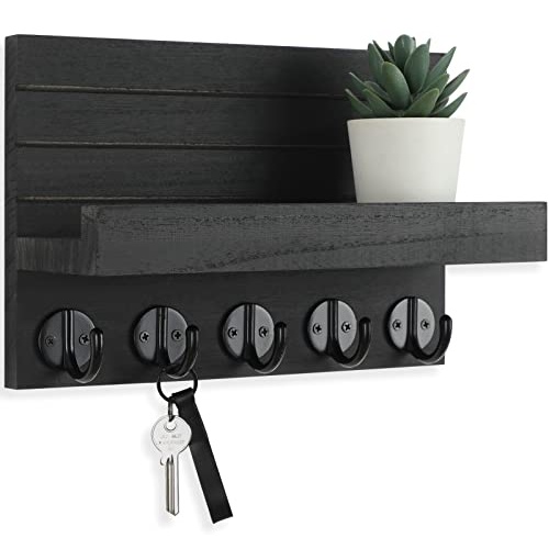 Lwenki Key Holder for Wall, Decorative Key and Mail Holder with Shelf Has Large Hooks for Bags, Coats, Umbrella – Paulownia Wood Key Hanger with Mounting Hardware (9.8”W x 6.7”H x 4.2”D) - Image 1