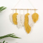 Handmade Macrame Wall Hanging Feather Boho Wall Decor Yellow Chic Woven Leaf Tassels Decoration Cotton Ornaments Tapestry Room Decor For Bedroom Living Room Apartment Porch Gifts for Teen Girl Women - Image 5