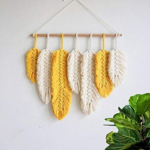 Handmade Macrame Wall Hanging Feather Boho Wall Decor Yellow Chic Woven Leaf Tassels Decoration Cotton Ornaments Tapestry Room Decor For Bedroom Living Room Apartment Porch Gifts for Teen Girl Women - Image 1
