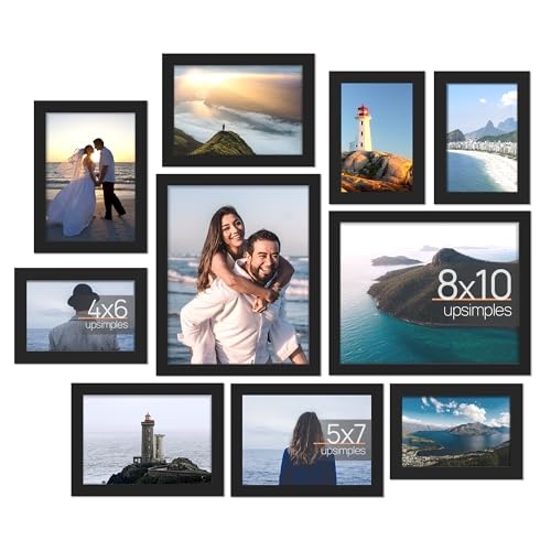 upsimples 10 Pack Picture Frames Collage Wall Decor with Glass, Gallery Wall Frame Set for Wall Mounting or Tabletop Display, Multi Sizes Including 8x10, 5x7, 4x6 Family Photo Frames, Black - Image 1