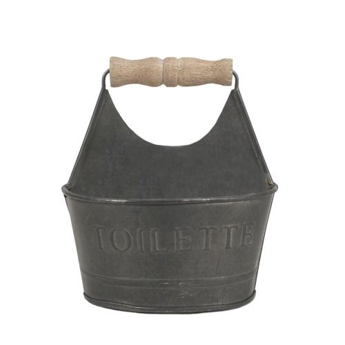 CTW Home Collection Small Gray Colonial Tin Works Toiletries Bathroom Caddy 450156 Metal with Wooden Handle and Toilette on Front Rustic Farmhouse - Image 1