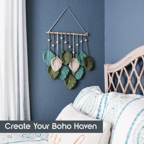 SnugLife Macrame Wall Hanging Leaves - Large Chic Feather Boho Decor, Handmade Yarn Woven Art Leaf Tapestry for Nursery, Bedroom, Living Room, 17 X 22 Inch (Green, Sage Green & Beige) - Image 2