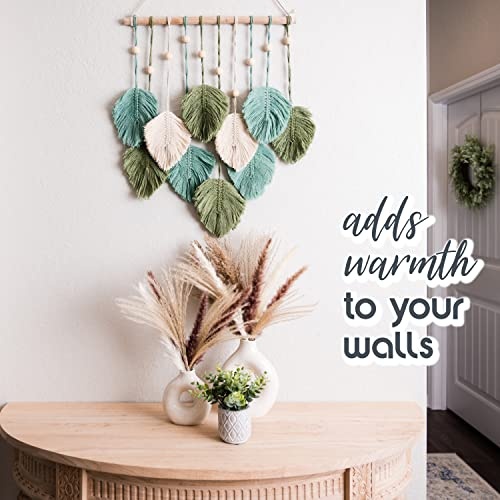 SnugLife Macrame Wall Hanging Leaves - Large Chic Feather Boho Decor, Handmade Yarn Woven Art Leaf Tapestry for Nursery, Bedroom, Living Room, 17 X 22 Inch (Green, Sage Green & Beige) - Image 4