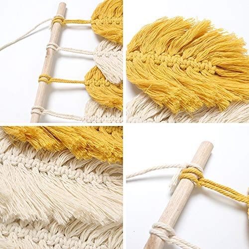 Handmade Macrame Wall Hanging Feather Boho Wall Decor Yellow Chic Woven Leaf Tassels Decoration Cotton Ornaments Tapestry Room Decor For Bedroom Living Room Apartment Porch Gifts for Teen Girl Women - Image 2