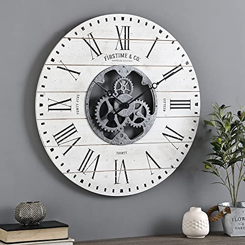 FirsTime & Co. White Shiplap Gears Wall Clock, Large Vintage Decor for Living Room, Home Office, Round, Wood and Plastic, Farmhouse, 27 inches - Image 1