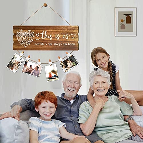 Buecasa Housewarming Gifts New Home Sign Decor - Rustic Wall Hanging Picture Frame with 6 Heart Clips -This Is Us Wall Decor 15.8x6.0 Inches - Image 4