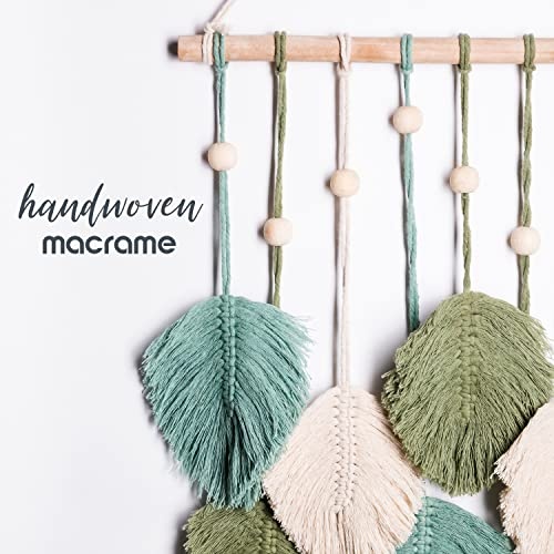 SnugLife Macrame Wall Hanging Leaves - Large Chic Feather Boho Decor, Handmade Yarn Woven Art Leaf Tapestry for Nursery, Bedroom, Living Room, 17 X 22 Inch (Green, Sage Green & Beige) - Image 7