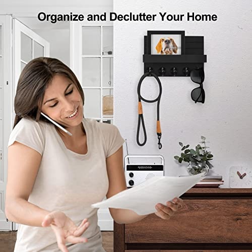 Lwenki Key Holder for Wall, Decorative Key and Mail Holder with Shelf Has Large Hooks for Bags, Coats, Umbrella – Paulownia Wood Key Hanger with Mounting Hardware (9.8”W x 6.7”H x 4.2”D) - Image 3
