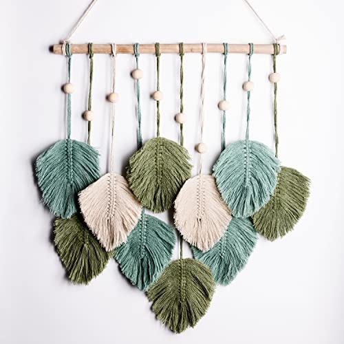 SnugLife Macrame Wall Hanging Leaves - Large Chic Feather Boho Decor, Handmade Yarn Woven Art Leaf Tapestry for Nursery, Bedroom, Living Room, 17 X 22 Inch (Green, Sage Green & Beige) - Image 1