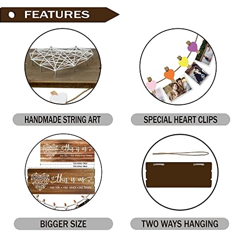 Buecasa Housewarming Gifts New Home Sign Decor - Rustic Wall Hanging Picture Frame with 6 Heart Clips -This Is Us Wall Decor 15.8x6.0 Inches - Image 5