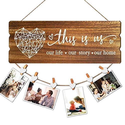 Buecasa Housewarming Gifts New Home Sign Decor - Rustic Wall Hanging Picture Frame with 6 Heart Clips -This Is Us Wall Decor 15.8x6.0 Inches - Image 1