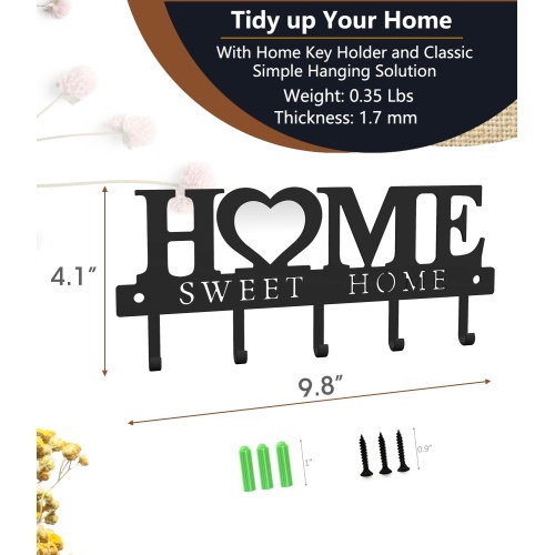 WIPHANY Key Holder Hooks Organizer Hanger Rack Wall Mounted with Screws and Anchors Home Sweet Home Wall Metal Decor for Entryway Front Door Kitchen Hallway Garage Mudroom Office 9.8inches/25cm - Image 3