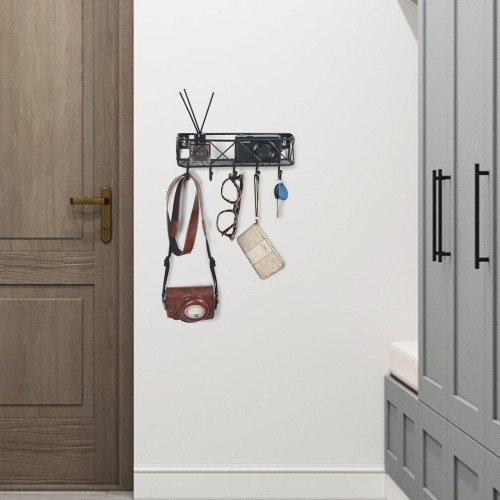 HappyHapi Key Holder for Wall Decorative, Entryway Key Hooks, Wall Mounted Key Rack with 5 Hooks, Metal Wire Mesh Basket Mail Holder, 9.8”Lx2.1”Wx4.1”H - Image 4