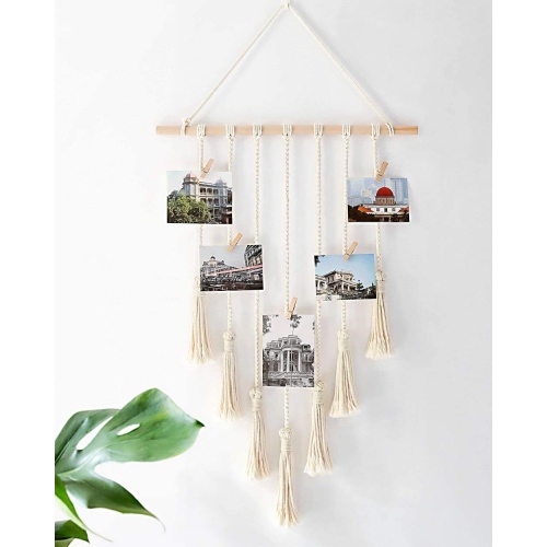 Mkono Teen Girl Room Decor Boho Macrame Hanging Photo Display, Pictures Cards Holder Wall Art for Bedroom Livingroom Dorm Home Teens Women Birthday Gift, with 25 Wood Clips, 27" L x 16.5''W - Image 3