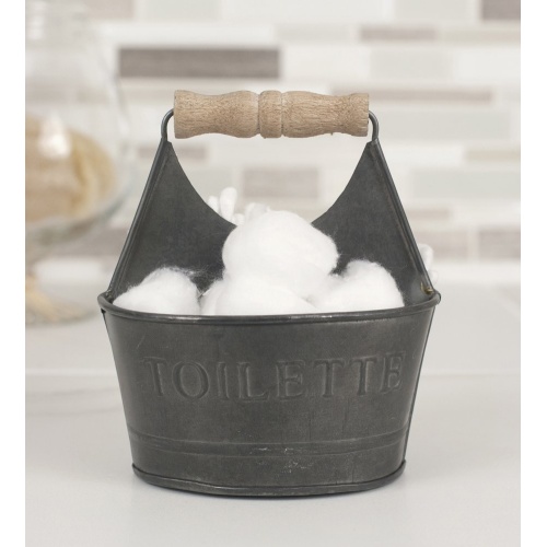 CTW Home Collection Small Gray Colonial Tin Works Toiletries Bathroom Caddy 450156 Metal with Wooden Handle and Toilette on Front Rustic Farmhouse - Image 2