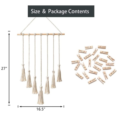 Mkono Teen Girl Room Decor Boho Macrame Hanging Photo Display, Pictures Cards Holder Wall Art for Bedroom Livingroom Dorm Home Teens Women Birthday Gift, with 25 Wood Clips, 27" L x 16.5''W - Image 4