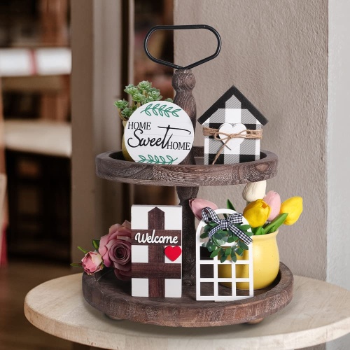 Mustry Rustic Wooden 2 Tiered Tray, Round Farmhouse Kitchen Table Decor Serving Tier Tray, Food Fruits Cupcake Display Coffee Bar Home Party Seasonal Decorations (Brown) - Image 5