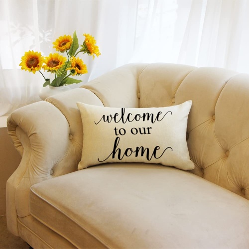 Ogiselestyle Farmhouse Pillow Covers with Welcome to Our Home Quotes 12 x 20 Inch Home Decorative Cushion Case for Sofa Couch Housewarming Gifts Family Room Décor - Image 5