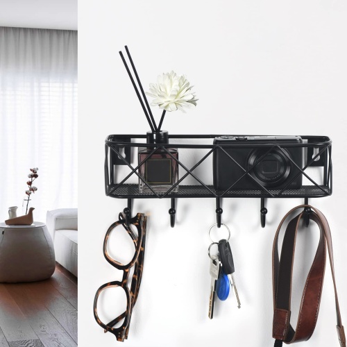 HappyHapi Key Holder for Wall Decorative, Entryway Key Hooks, Wall Mounted Key Rack with 5 Hooks, Metal Wire Mesh Basket Mail Holder, 9.8”Lx2.1”Wx4.1”H - Image 5