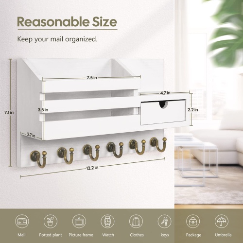 FifthQuarter Key and Mail Holder For Wall, Mail Organizer Wall Mount with 6 Hooks and Storage Drawer, Easy Installation Key Rack for Entryway and Home Decor (A-White) - Image 7