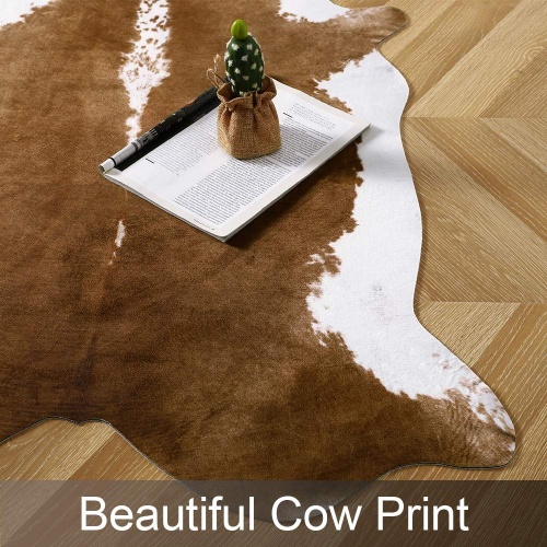 AROGAN Premium Faux Cowhide Rug 4.6 x 5.2 Feet, Sturdy and Large Size Cow Print Rugs, Suitable for Bedroom Living Room Western Decor, Faux Fur Animal Cow Hide Carpet, Brown - Image 2
