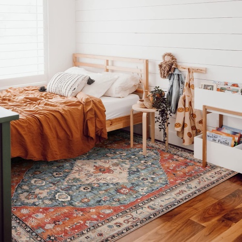 Lahome Boho Tribal Area Rug - 5x7 Large Washable Living Bedroom Rug Distressed Oriental Non-Slip Non-Shedding Print Floor Carpet for Dining Room Home,Rust/Dull Teal - Image 8