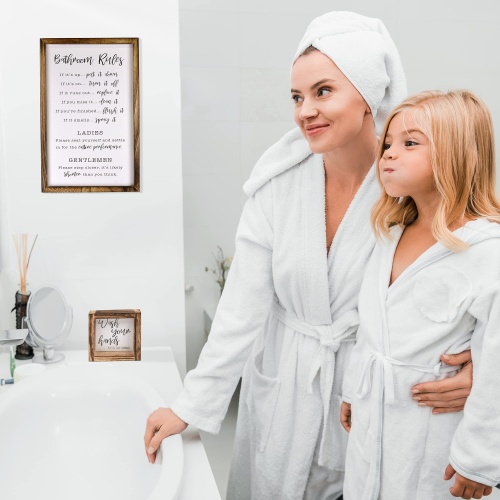 KIBAGA Farmhouse Bathroom Decor Set of 2 - Funny Interchangeable Wall Signs That Will Bring a Good Laugh To Your Bathroom - Rustic Wooden Picture Frames with Unique Sayings Are Perfect For Your Home - Image 6