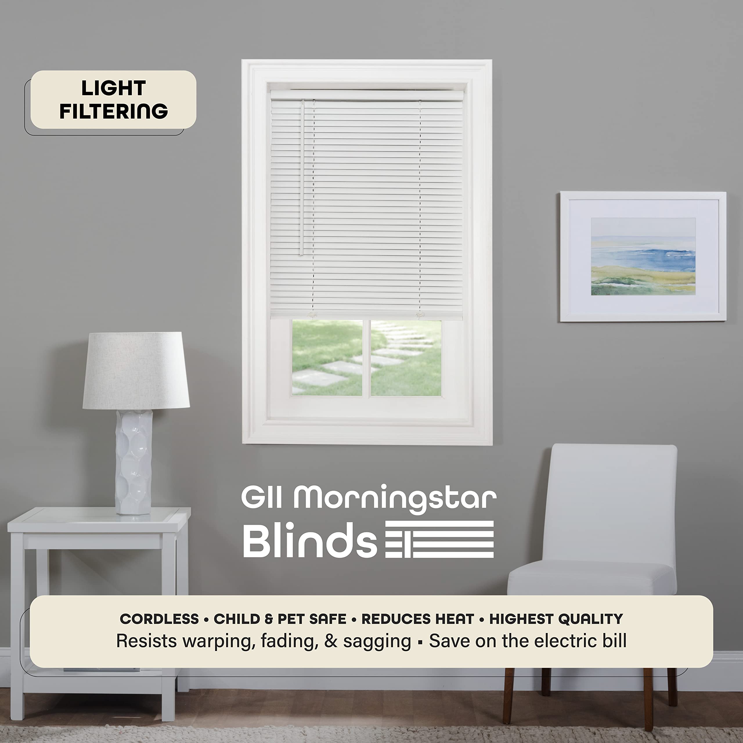 Version 1.0.0 Cordless Light Filtering Mini Blind - 26 Inch Width, 64 Inch Length, 1" Slat Size - Pearl White - Cordless GII Morningstar Horizontal Windows Blinds for Interior by Achim Home Decor - Image 6