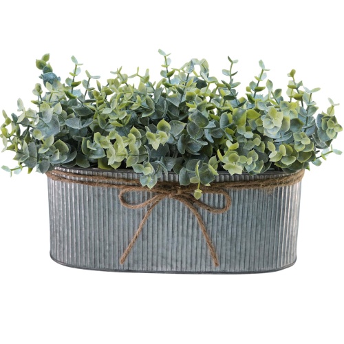 Winlyn Artificial Eucalyptus Arrangement in Rustic Oval Galvanized Metal Planter Box Faux Eucalyptus Bush Greenery Potted Plants for Farmhouse Indoor Home Office Table Centerpiece Kitchen Décor - Image 1