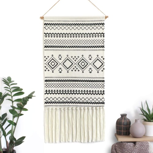 Dremisland Macrame Woven Wall Hanging Tapestry- Boho Chic Bohemian Home Decor Geometric Art Decor Boho Backdrop - Beautiful Apartment Dorm Room Door Decoration, 17.7" W x 32" L (Sendia-Black) - Image 1