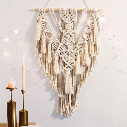 ANROYE Macrame Boho Wall Hanging Decor, Geometric Woven Tapestry Chic Cotton Handmade Bohemian Art with Long Tassel, Craft Ornament for Dorm Home Bedroom Western Room Decoration Gift for Women - Image 1