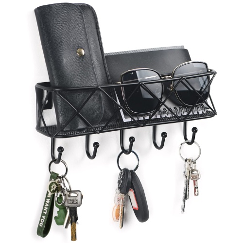 HappyHapi Key Holder for Wall Decorative, Entryway Key Hooks, Wall Mounted Key Rack with 5 Hooks, Metal Wire Mesh Basket Mail Holder, 9.8”Lx2.1”Wx4.1”H - Image 1