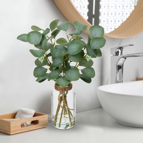 Briful Artificial Eucalyptus Stems in Glass Vase with Faux Water, 14" Fake Plant Eucalyptus Leaves for Home Office Farmhouse Wedding Centerpiece Décor - Image 4