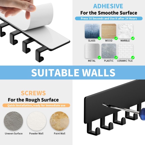 GTK Key Holder for Wall, Key Hooks with 10 Hooks, Wall Mounted Key Holder for Hallway, Self Adhesive Key Rack(Black) - Image 4