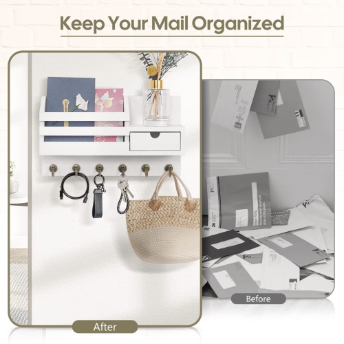FifthQuarter Key and Mail Holder For Wall, Mail Organizer Wall Mount with 6 Hooks and Storage Drawer, Easy Installation Key Rack for Entryway and Home Decor (A-White) - Image 6