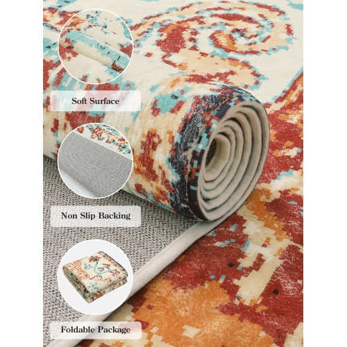 Lahome Washable Round Rugs 5'3"ft, Bohemian Orange Circle Rugs for Living Room, Entryway Round Area Rug, Floral Medallion Soft Non Slip Nursery Carpet for Bedroom Dining Coffee Table - Image 5