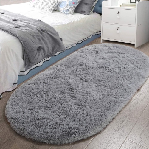 LOCHAS Fluffy Gray Bedroom Rug 2.6' x 5.3', Shaggy Area Rug for Bedroom Bedside, Soft Oval Throw Rugs Carpet for Living Room Kids Girls Home Decor - Image 1