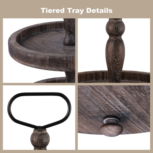 Mustry Rustic Wooden 2 Tiered Tray, Round Farmhouse Kitchen Table Decor Serving Tier Tray, Food Fruits Cupcake Display Coffee Bar Home Party Seasonal Decorations (Brown) - Image 4