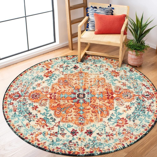 Lahome Washable Round Rugs 5'3"ft, Bohemian Orange Circle Rugs for Living Room, Entryway Round Area Rug, Floral Medallion Soft Non Slip Nursery Carpet for Bedroom Dining Coffee Table - Image 1