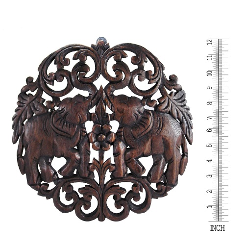 AeraVida Elaborate Circular Double Thai Elephant Hand Carved Teak Wood Wall Art - Image 3