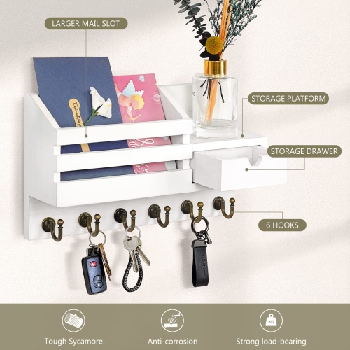 FifthQuarter Key and Mail Holder For Wall, Mail Organizer Wall Mount with 6 Hooks and Storage Drawer, Easy Installation Key Rack for Entryway and Home Decor (A-White) - Image 4