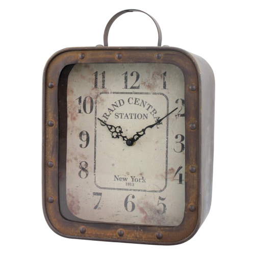 Stonebriar Large Square Rustic Metal Table Top Clock with Handle and Rivet Detail, Industrial Home Decor Accents for the Mantel, Shelf, Desk, or Any Table Top, Battery Operated - Image 1