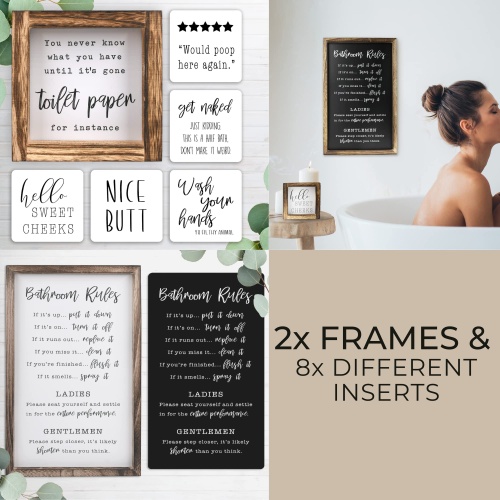 KIBAGA Farmhouse Bathroom Decor Set of 2 - Funny Interchangeable Wall Signs That Will Bring a Good Laugh To Your Bathroom - Rustic Wooden Picture Frames with Unique Sayings Are Perfect For Your Home - Image 7