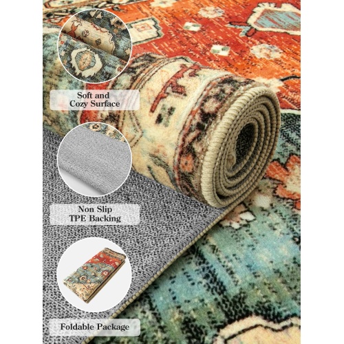 Lahome Boho Tribal Area Rug - 5x7 Large Washable Living Bedroom Rug Distressed Oriental Non-Slip Non-Shedding Print Floor Carpet for Dining Room Home,Rust/Dull Teal - Image 6