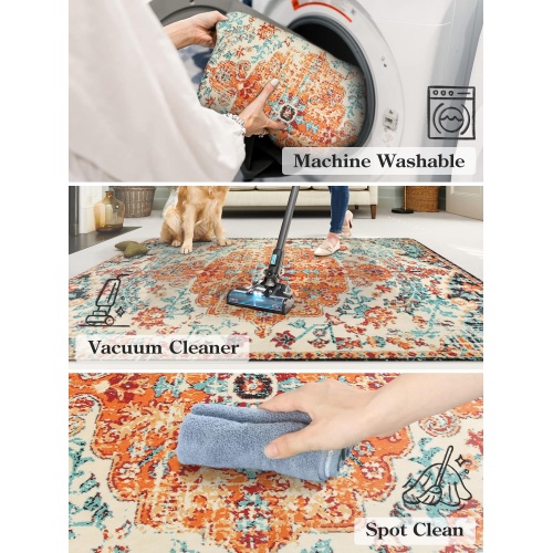 Lahome Washable Round Rugs 5'3"ft, Bohemian Orange Circle Rugs for Living Room, Entryway Round Area Rug, Floral Medallion Soft Non Slip Nursery Carpet for Bedroom Dining Coffee Table - Image 6