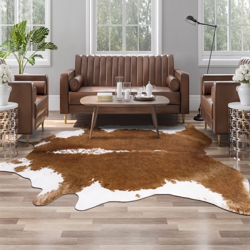AROGAN Premium Faux Cowhide Rug 4.6 x 5.2 Feet, Sturdy and Large Size Cow Print Rugs, Suitable for Bedroom Living Room Western Decor, Faux Fur Animal Cow Hide Carpet, Brown - Image 1