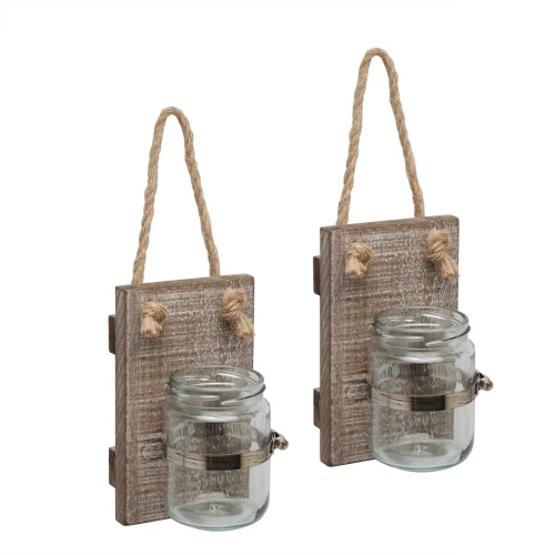 Stonebriar Rustic White Wash Wooden Mason Jar Wall Sconce Set with Hanging Loop - Image 1